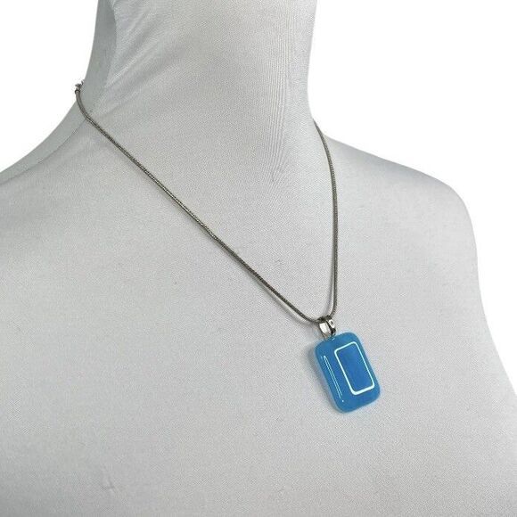 Silver Tone Necklace with Blue Retangle Pendant Slide on Chain 17” 3” Extender - Picture 3 of 8